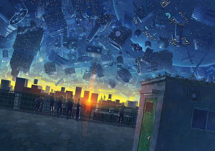 ilustrasi siswa di balkon sekolah, seni fantasi, anime, Cityscape, Wallpaper HD