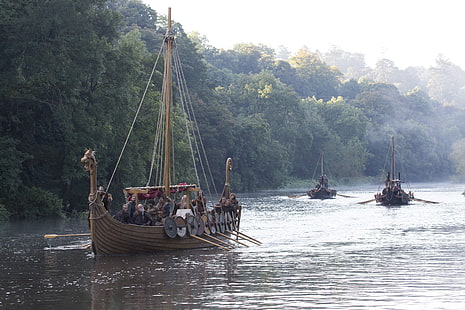 brun drakbåt, fartyg, serien, vikingar, vikingarna, Drakkar, HD tapet HD wallpaper