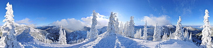 panorama, vinter, skog, snö, berg, träd, väg, moln, natur, landskap, vit, HD tapet