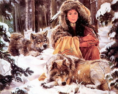 Native American HD, native american woman in front of brown wolf in the middle of the woods painting, artistic, american, native, HD wallpaper HD wallpaper