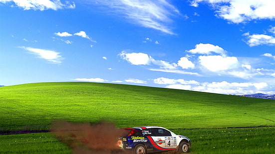 vit och blå bil, Windows XP, Colin McRae, ford focus, Rally, rallybilar, racing, HD tapet HD wallpaper