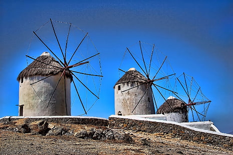 El cielo, renderizado, Grecia, molino de viento, Mykonos, Fondo de pantalla HD HD wallpaper