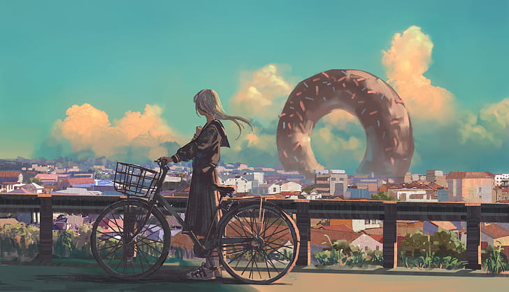anime, chicas anime, bicicleta, donut, paisaje urbano, vehículo, al aire libre, Fondo de pantalla HD