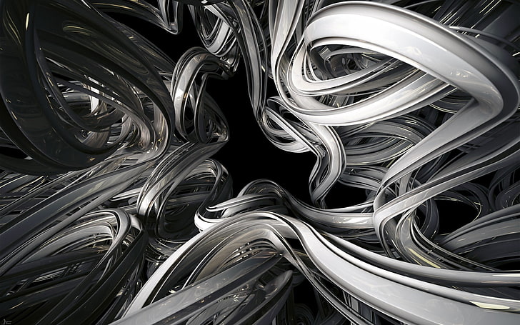 черно-белая абстрактная живопись, погружение, серебро, стекло, форма, форма, HD обои