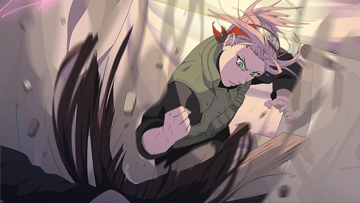 Haruno Sakura illustration, utan namn, Naruto Shippuuden, anime, Haruno Sakura, rosa hår, gröna ögon, slåss, HD tapet