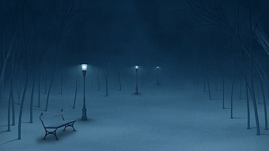 Nachtlichter Schnee Bank Winter Baum blau HD, Natur, blau, Nacht, Schnee, Winter, Baum, Lichter, Bank, HD-Hintergrundbild HD wallpaper
