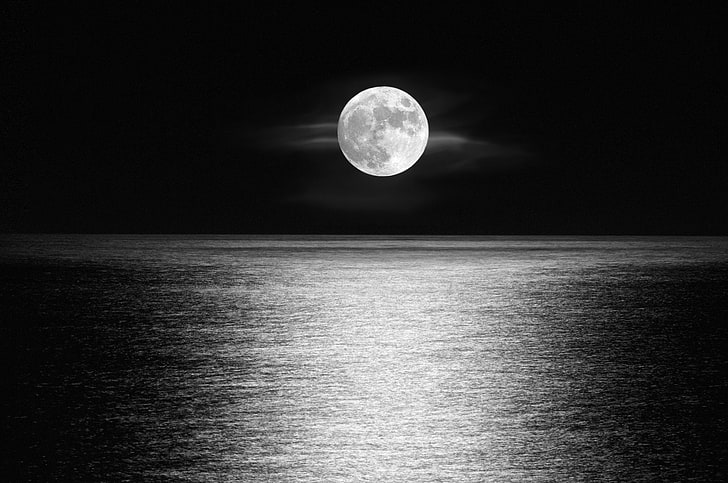 Tierra, Luna, Blanco y negro, Horizonte, Luz de luna, Océano, Fondo de pantalla HD