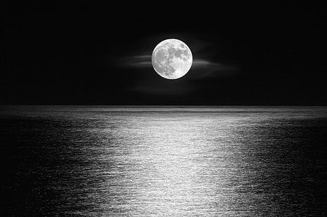 الأرض ، القمر ، الأسود والأبيض ، الأفق ، ضوء القمر ، المحيط، خلفية HD HD wallpaper