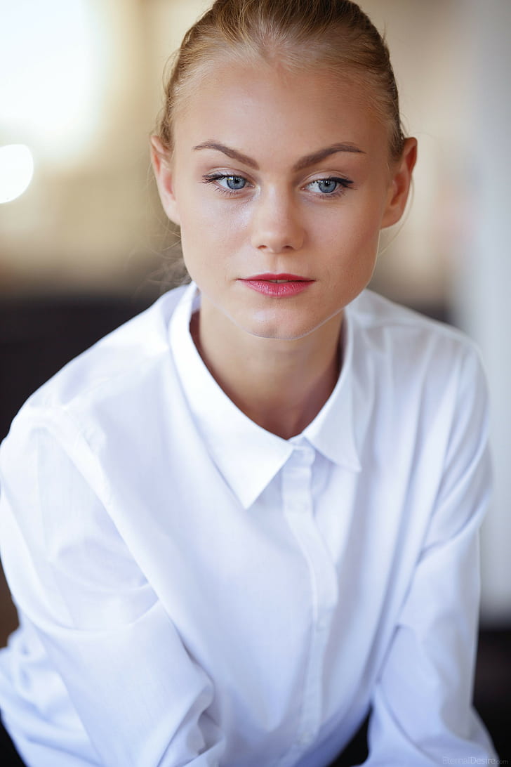 Nancy A, model, women, white shirt, blue eyes, blonde, HD wallpaper