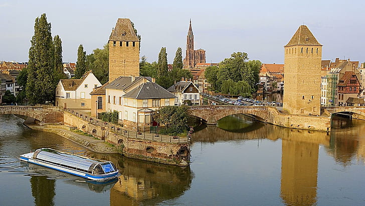 Elsass Strasbourg France, towers, bridge, boat, canal, town, nature and landscapes, HD wallpaper