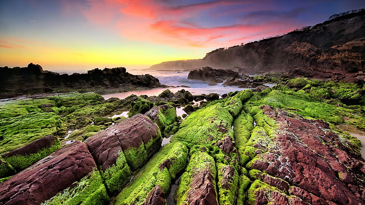 green moss, landscape, sunset, horizon, stones, nature, mountains, sea, sky, clouds, moss, HD wallpaper