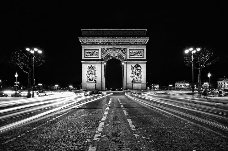 Памятники, Триумфальная арка, Чёрно-белое, Франция, Памятник, Ночь, Париж, Замедленная съемка, HD обои