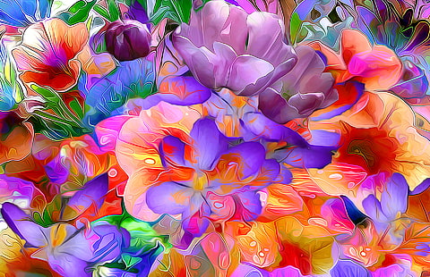 papel pintado de flores variadas, línea, flores, renderizado, pintura, pétalos, Fondo de pantalla HD HD wallpaper