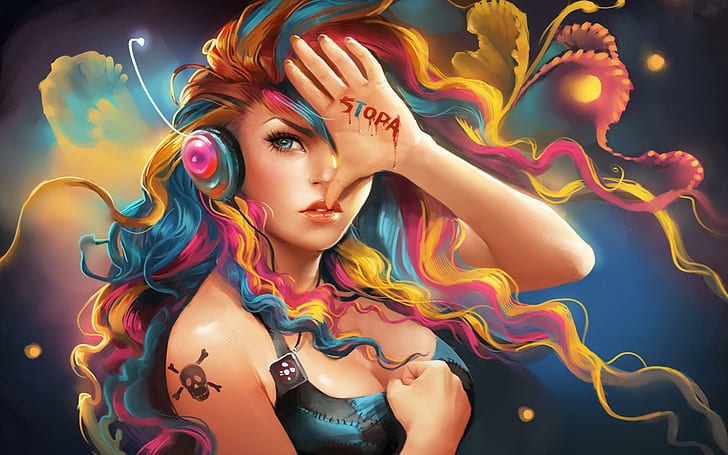 Stop SOPA, yellow,pink and blue haired woman cartoon character illustration, stop, sopa, fantasy girls, HD wallpaper