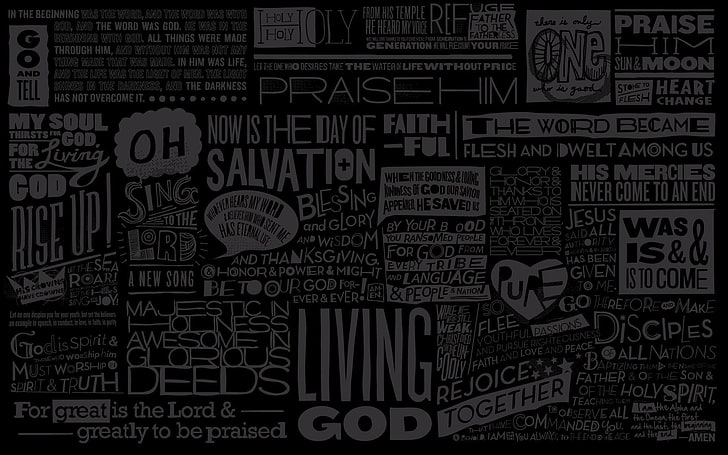 living god text on black background, text, typography, religion, word clouds, dark, black, spiritual, HD wallpaper