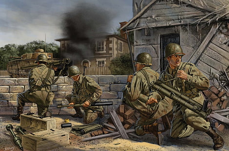 четирима войници рисуват, градът, пожар, война, улица, дим, фигура, Франция, изстрел, изкуство, войници, танк, гранатомет, облицован, ръчен, готовност, немски, Втората световна война, противотанков, американец, & quot; Базука & quot; , денатурации, Pz.IV, HD тапет HD wallpaper