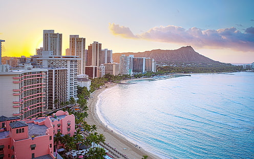 Honolulu, plaża Waikiki, krater Diamond Head, wschód słońca, Honolulu, Waikiki, plaża, diament, głowa, krater, wschód słońca, Tapety HD HD wallpaper