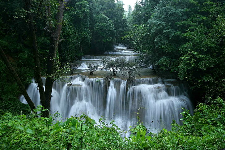 Спокойный каскадный водопад, природа, река, прохладно, водопад, природа и пейзажи, HD обои
