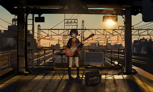 Anime, Anime Girls, Catzz, Gitarre, Musik, Eisenbahn, HD-Hintergrundbild HD wallpaper
