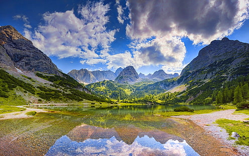 badan air dan gunung di depan, alam, pemandangan, gunung, danau, hutan, musim semi, Jerman, refleksi, air, pagi, awan, Wallpaper HD HD wallpaper