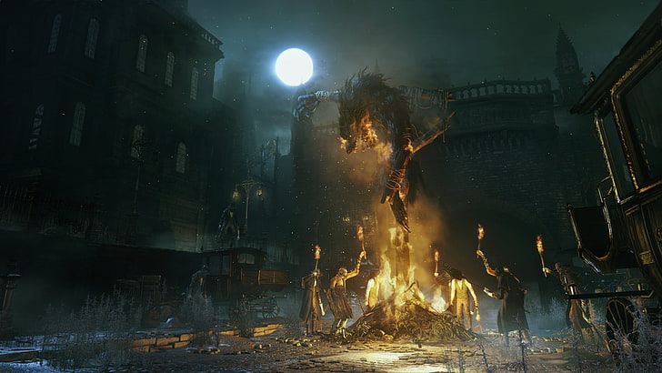 дракон перед толпой, держащий факел иллюстрации, Bloodborne, HD обои