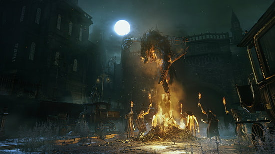 дракон перед толпой, держащий факел иллюстрации, Bloodborne, HD обои HD wallpaper