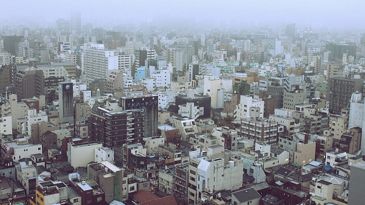 сграда, град, Япония, Канджи, Катакана, мъгла, Паркинг, град, градска снимка, HD тапет