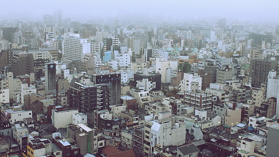 edificio, città, Giappone, Kanji, Katakana, nebbia, parcheggio, città, foto urbana, Sfondo HD HD wallpaper