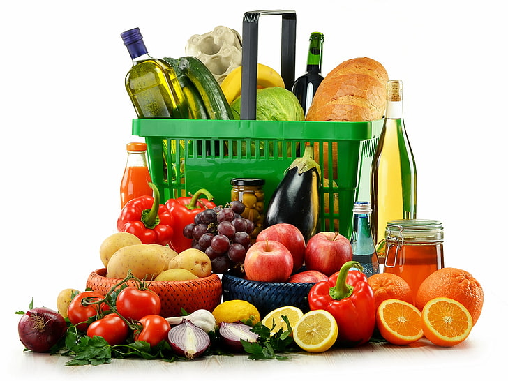 lot de fruits assortis, fruits, légumes, sauce, panier, Fond d'écran HD