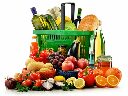 berbagai macam buah, buah-buahan, sayuran, saus, keranjang, Wallpaper HD HD wallpaper