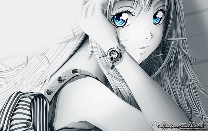 тапет за женски аниме, аниме, аниме момичета, селективно оцветяване, сини очи, 2010 (Година), HD тапет