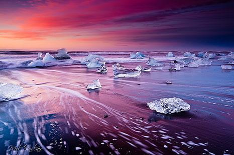 formações de gelo, onda, praia, gelo, trecho, Islândia, a lagoa glacial de Jökulsárlón, HD papel de parede HD wallpaper