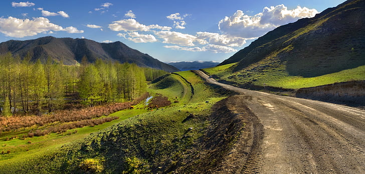 Road, Soil, Mountains, Relief, Wood, Young growth, Clouds, Sky, Excursion, Group, People, Campaign, HD wallpaper