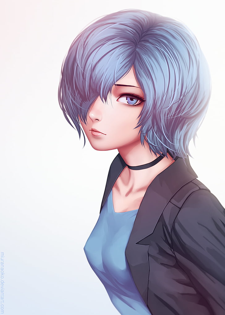 woman wearing black cardigan illustration, anime, anime girls, Tokyo Ghoul, short hair, blue hair, blue eyes, HD wallpaper