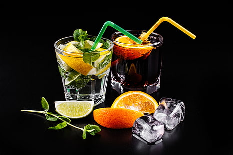  orange, ice, cocktail, lime, drink, mint, cola, Mojito, mahito, HD wallpaper HD wallpaper