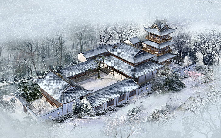Chinese House, house, snow, chinese, beautiful, winter, painting, animals, HD wallpaper