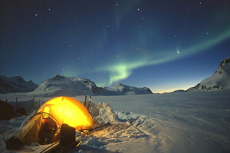 yellow outdoor tent under Aurora Borealis, greenland, greenland, Greenland, yellow, outdoor, tent, Aurora Borealis, travel, east, northern  light, camping, night, mountain, nature, star - Space, adventure, hiking, outdoors, landscape, snow, sky, astronomy, exploration, HD wallpaper HD wallpaper
