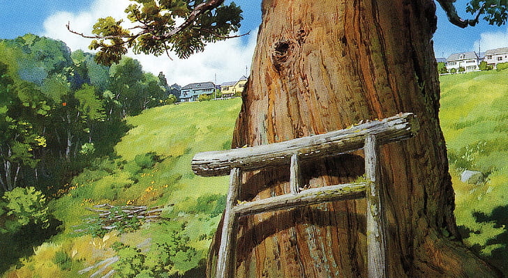 summer, art, Hayao Miyazaki, the trunk of the tree, Spirited Away, torii gate, HD wallpaper