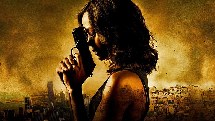 femme tenant un papier peint pistolet, Zoe Saldana, colombiana, affiche de film, films, yeux fermés, Fond d'écran HD