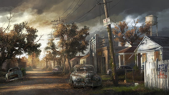 black classic car, abandoned, apocalyptic, artwork, urban, wreck, ruin, HD wallpaper HD wallpaper