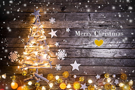 Święta, Boże Narodzenie, Lampki choinkowe, Choinka, Wesołych Świąt, Drewno, Tapety HD HD wallpaper