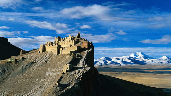 ancient city, gamba, xigaze, china, asia, tibet, gamba castle, castle, ancient, fortress, historic, sky, gangbazong, tibetan, mountain, HD wallpaper HD wallpaper