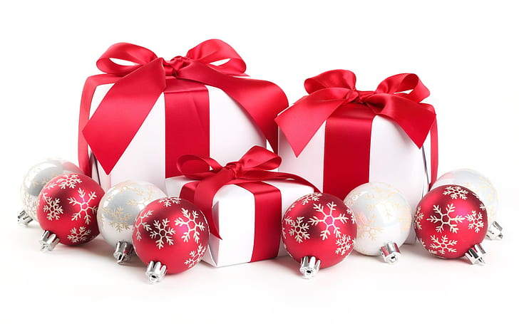 ممحاة اختصر فائدة  علب هدايا لعيد الميلاد، علبتين هدايا بيضاء وحمراء، عطلة، كرات، حمراء، عطلة،  خلفية HD