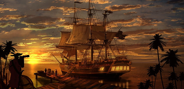 Fantazja, statek, dok, palma, molo, pirat, statek piracki, zachód słońca, Tapety HD HD wallpaper