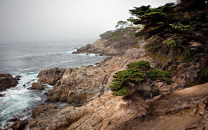 nature, landscape, sea, HDR, cliff, waves, mist, HD wallpaper