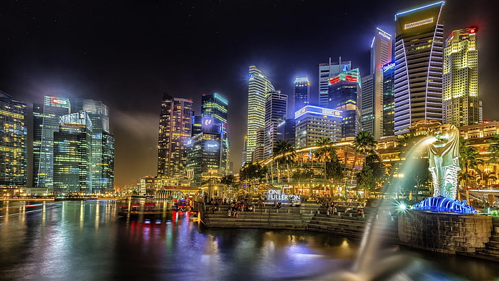 сингапур, ночь, огни города, небоскребы, азия, HD обои