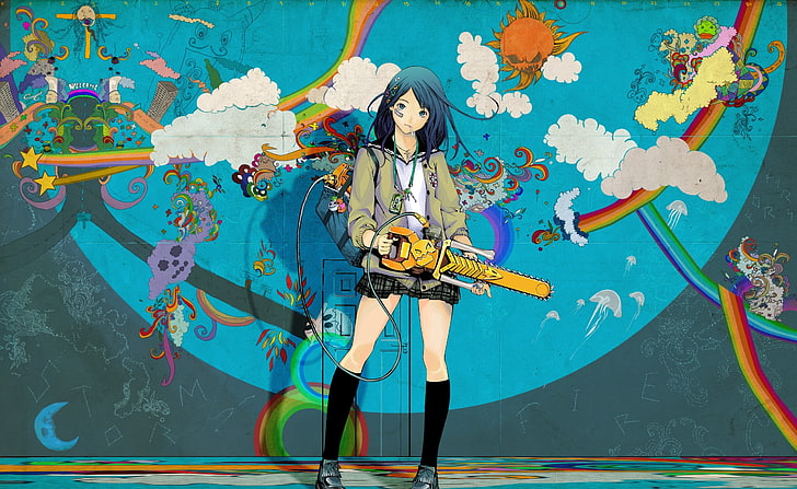 Psychedelic Girl, woman holding chainsaw near rainbow art illustration, Artistic, Anime, Girl, Psychedelic, HD wallpaper