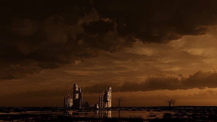apocalyptique, futuriste, oeuvre d'art, ciel, nuages, ruine, Fond d'écran HD
