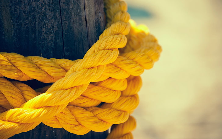 selective focus photo of yellow rope, selective focus photography yellow roped brown wooden pillar, photography, yellow, landscape, macro, blurred, depth of field, wood, HD wallpaper