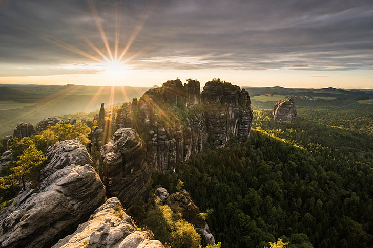 aerial view of a forest mountain during day time, incredible, Sunset, Saxon Switzerland, aerial view, forest mountain, day, time, Sächsische Schweiz, Elbsandsteingebirge, Wolken, Clouds, Schrammsteine, Landscape, Sachsen, Saxony, Hiking, Licht, Light, Outdoor, Natur, Sony  a6500, SEL, alpha, nature, mountain, scenics, outdoors, rock - Object, sunrise - Dawn, sky, cloud - Sky, beauty In Nature, HD wallpaper